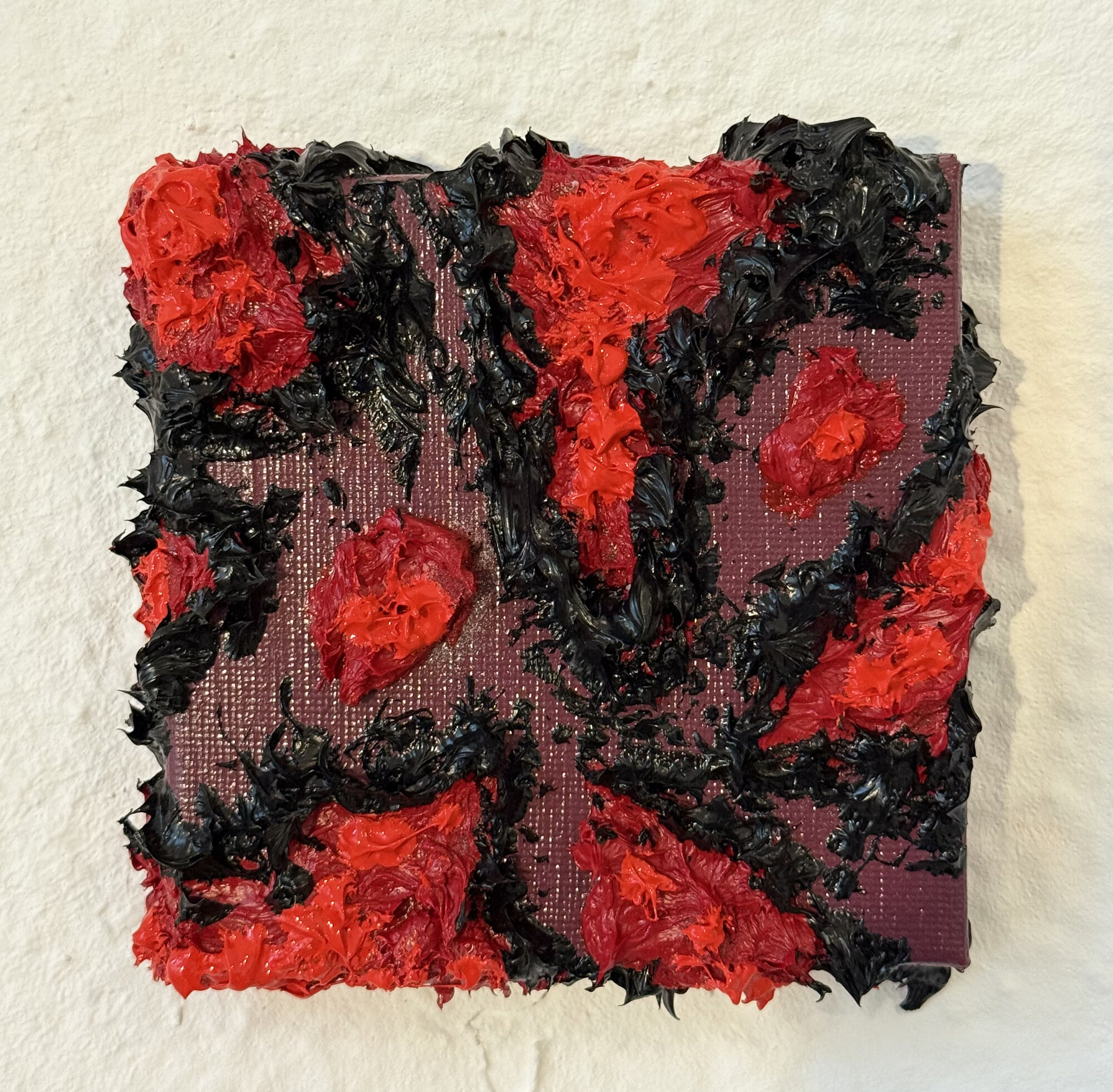 Balaton lava III — small square oil and acrylic painting, thick textured strokes of red and black