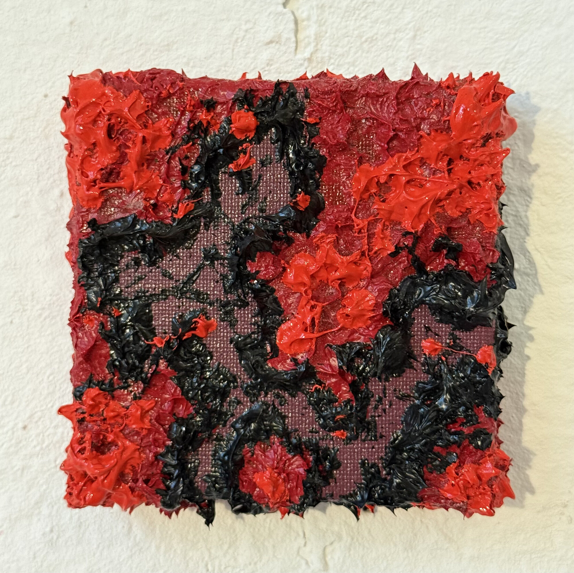 Balaton lava IV — small square oil and acrylic painting, thick textured strokes of red and black