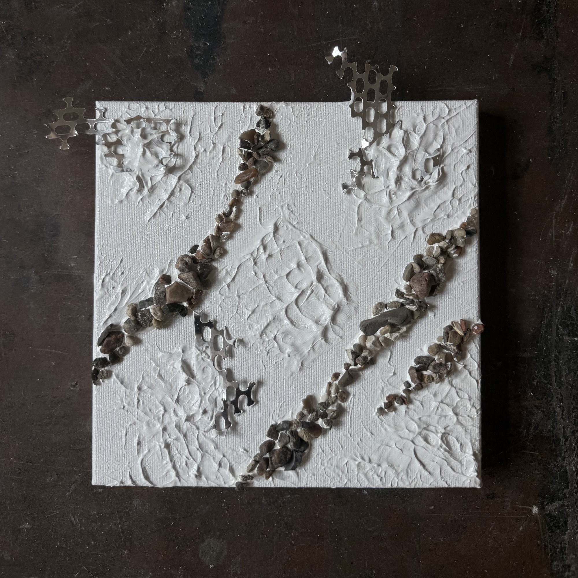 Denmark II — square acrylic painting with modeling paste, metal and stones