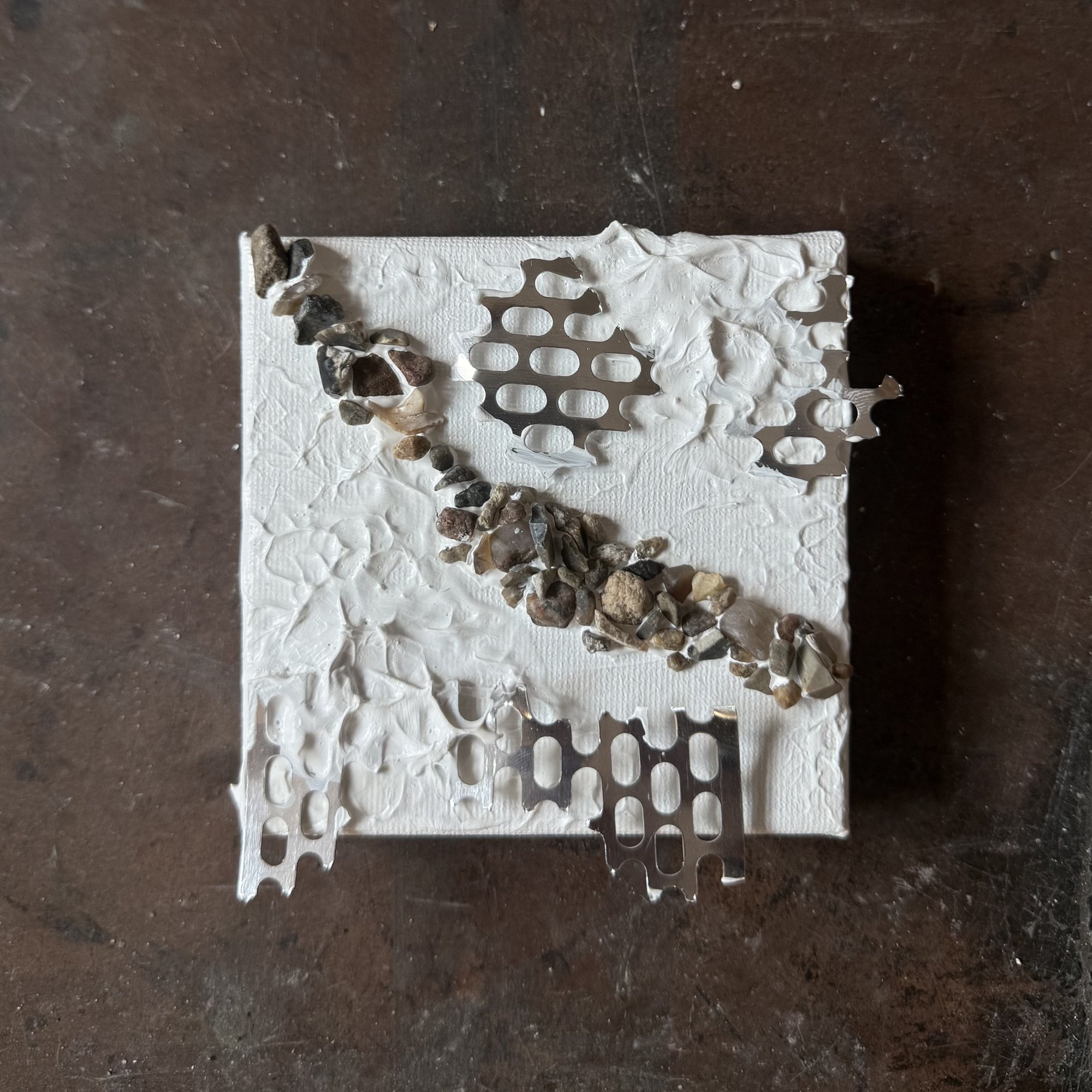 Denmark IV — small square acrylic painting with modeling paste, metal and stones